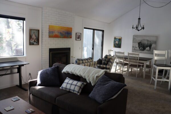 A long shot of the living area and firepit